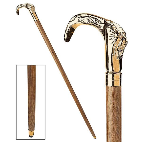 Design Toscano Gentleman's Choice: Brass Majestic Lion Solid Hardwood Walking Stick TV5236